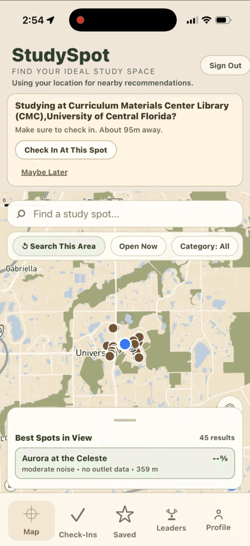 StudySpot mobile app showing nearby study locations on a map, search filters, and a check-in prompt.